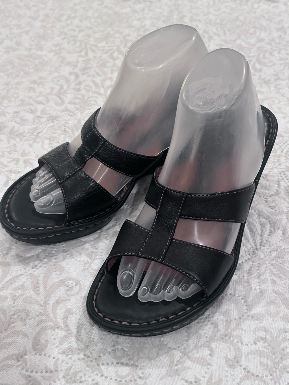 BORN Black Leather 3" Wedge 1" Platform Mules Shoe Sandal Women 9/40.5 Open Toe
